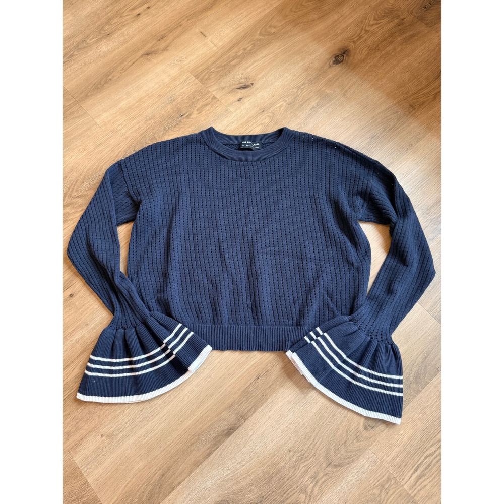 The Fifth Label Navy Blue Ribbed Knit Bell Sleeve Sweater Striped Trim Womens‎ M
